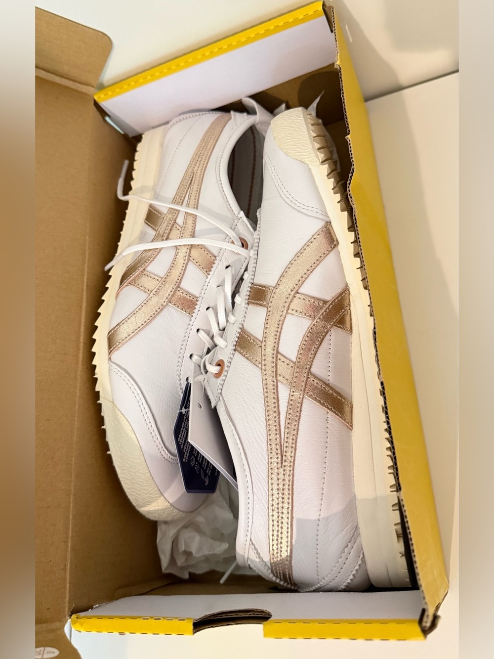 Onitsuka Tiger Leather Sneakers with Metallic Rose Gold Stripes
